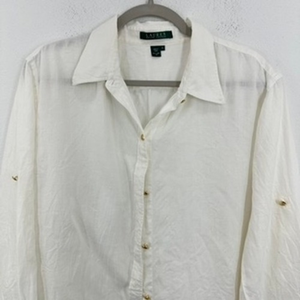 Lauren Ralph Lauren White Linen Button Down Shirt Womens XL Roll Tab Long Sleeve - Picture 2 of 7